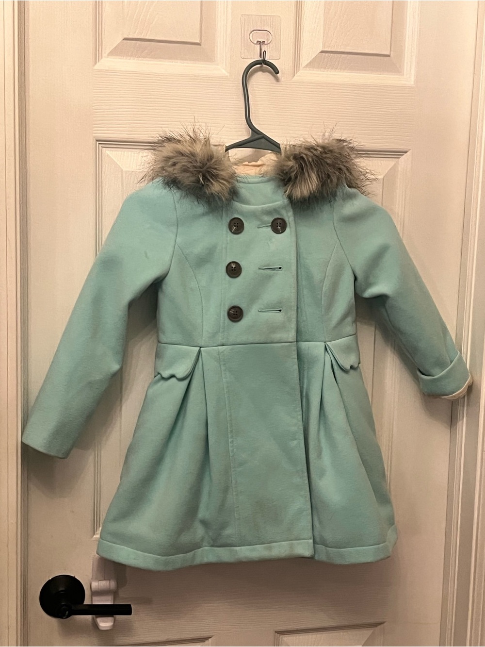 Cat & Jack Mint Green Double-Breasted Girls' Pea Coat with Faux Fur Hood